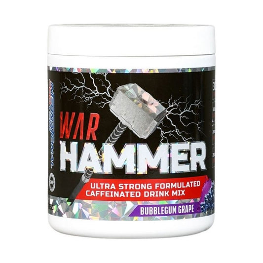 A container of War Hammer ultra strong caffeine-formulated drink mix with a graphic of a hammer and lightning, accompanied by text highlighting the product's features.
