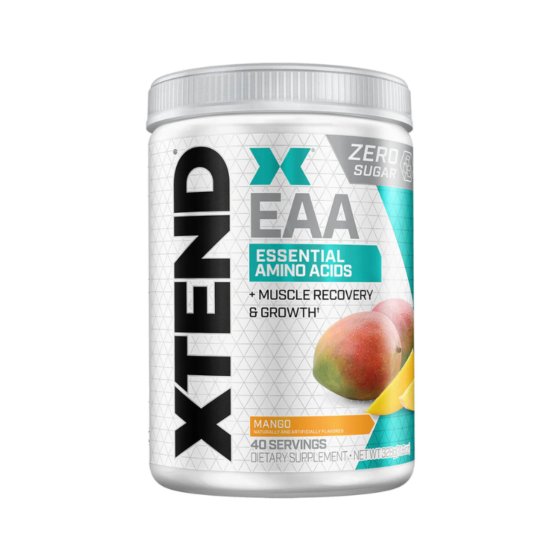 A container of Xtend EAA by Scivation, which is a essential amino acids supplement marketed for muscle recovery and growth.